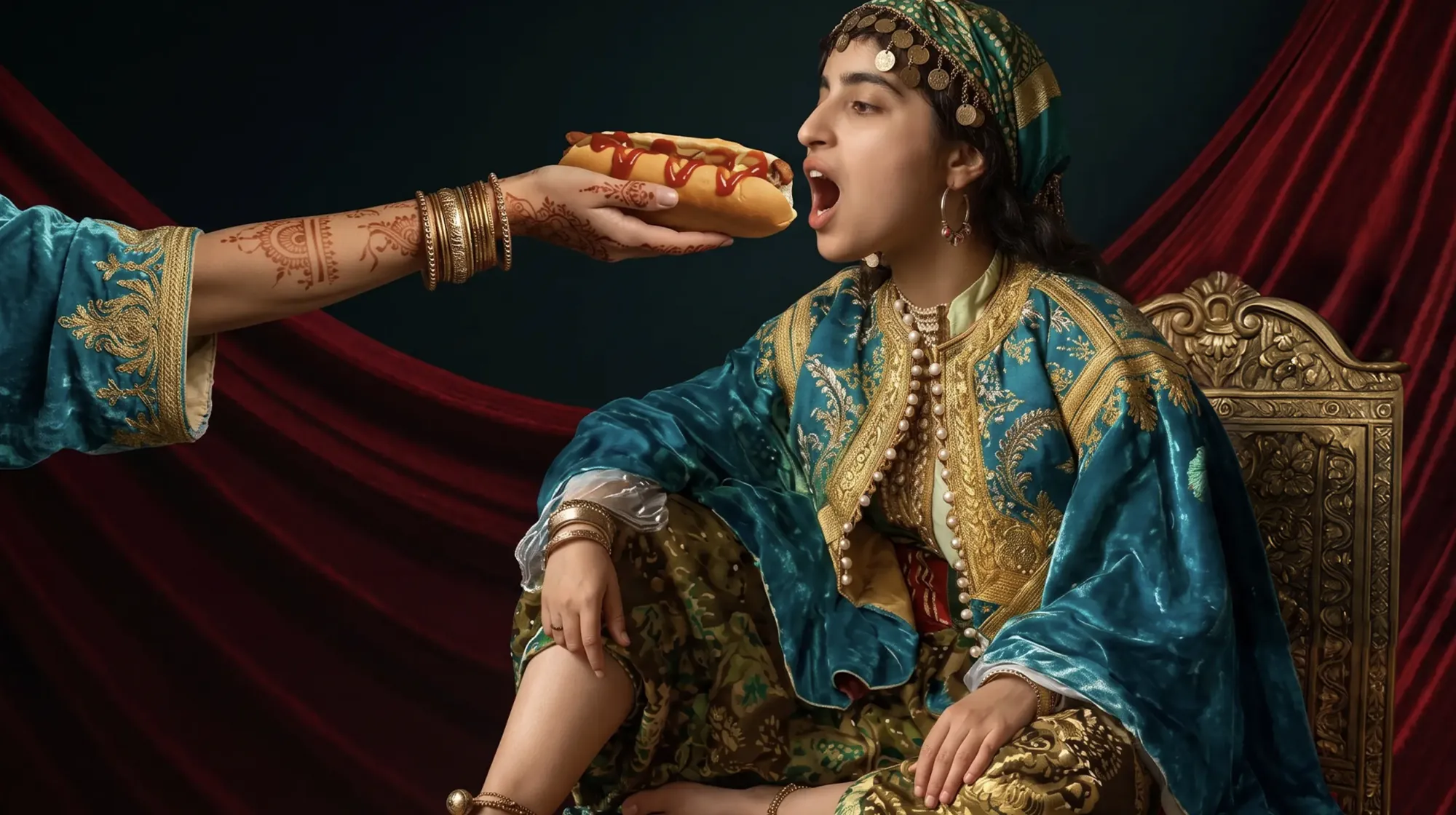 A woman in an embroidered Moroccan kaftan and coin headdress, seated on a gilt throne against crimson drapery, being fed a ketchup-covered hot dog by a henna-painted hand.